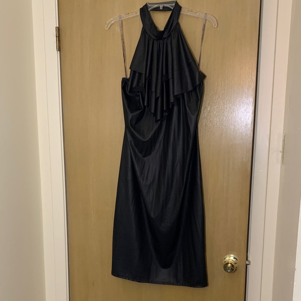 SEXY PLUS SIZE BLACK FAUX LEATHER HALTER DRESS!